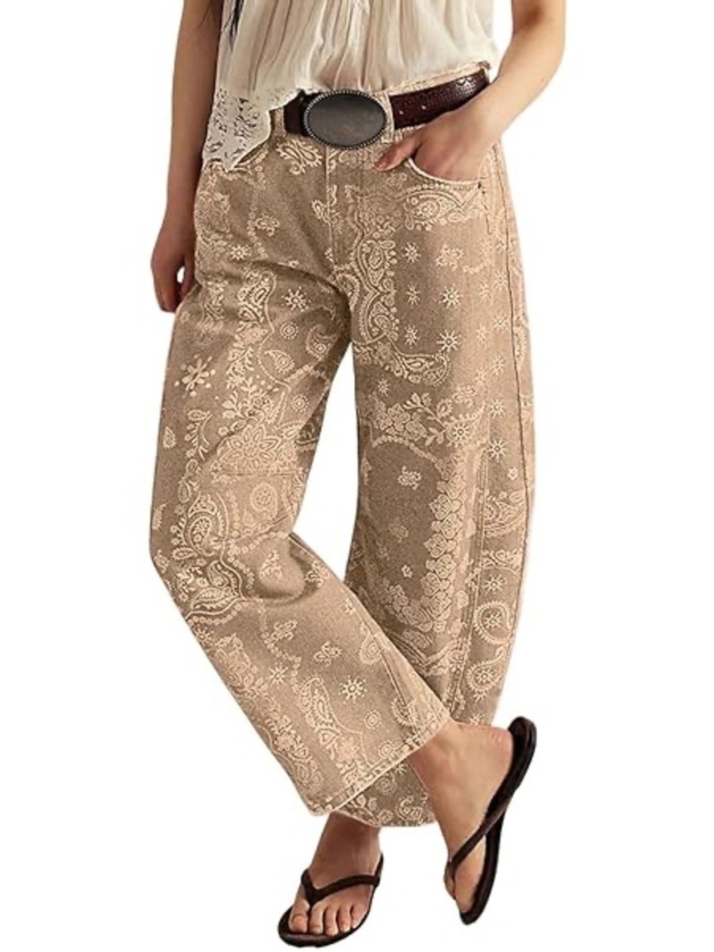 Women’s Barrel Beige Paisley Wide-Leg Pants - 
Khaki